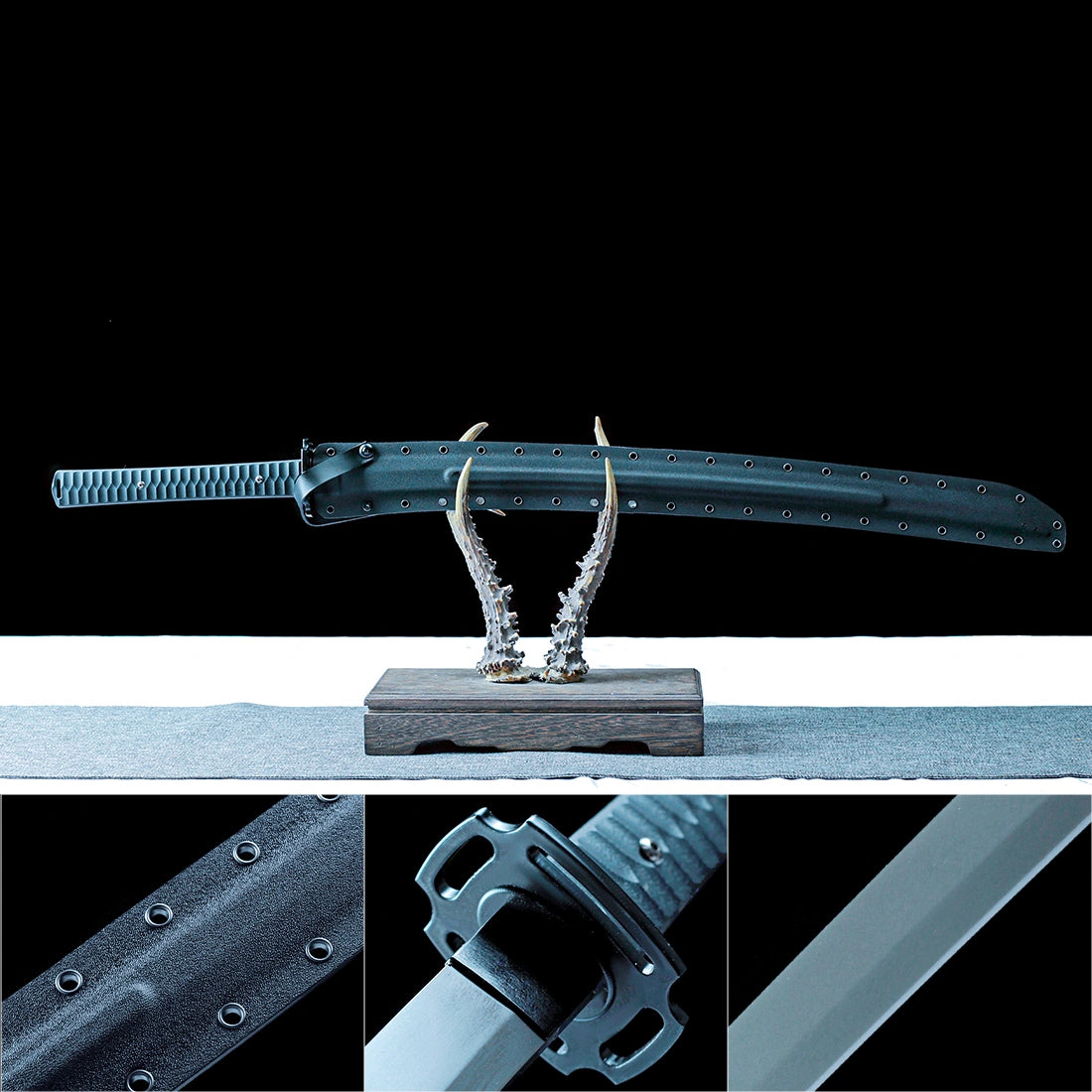 Product collage showcasing Pioneer Tactical Katana full view blade guard and K-Sheath details