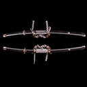 Side profile view of Tyrantclaw Tachi sheathed in smooth Brazilian ebony Saya with leather Ashi suspension hangers