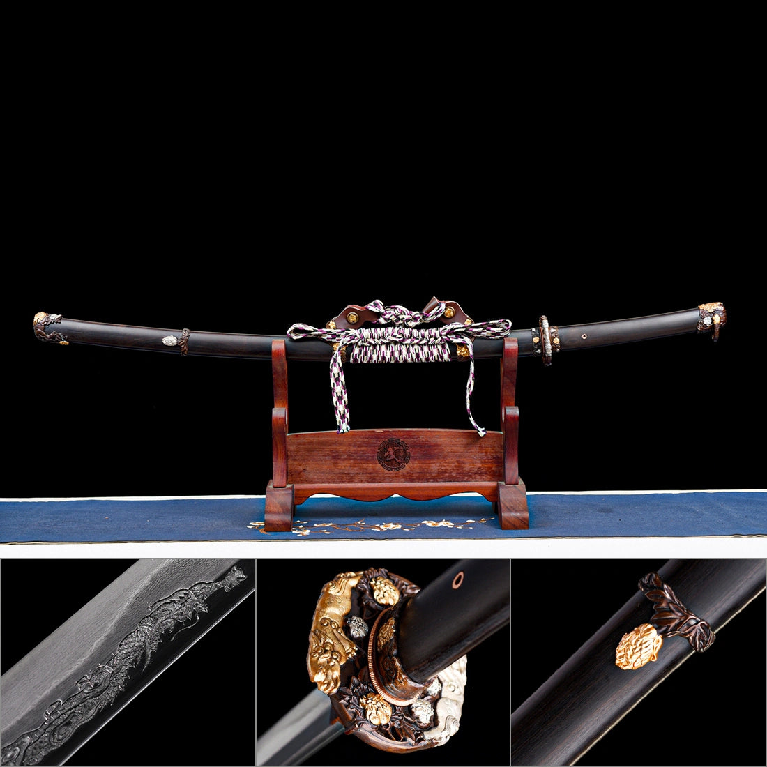 Sheathed Tyrantclaw Tachi in Brazilian ebony Saya on wooden stand with inset macro shots of dragon Horimono, gold-silver inlaid Tsuba, and Kojiri