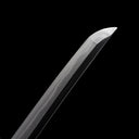 Hand-ground Kissaki tip with distinct traditional Yokote line on clay-tempered Wootz steel Tyrantclaw Tachi blade