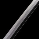 Detailed view of the organic wave micro-structure pattern on the clay-tempered Wootz steel Tyrantclaw Tachi blade