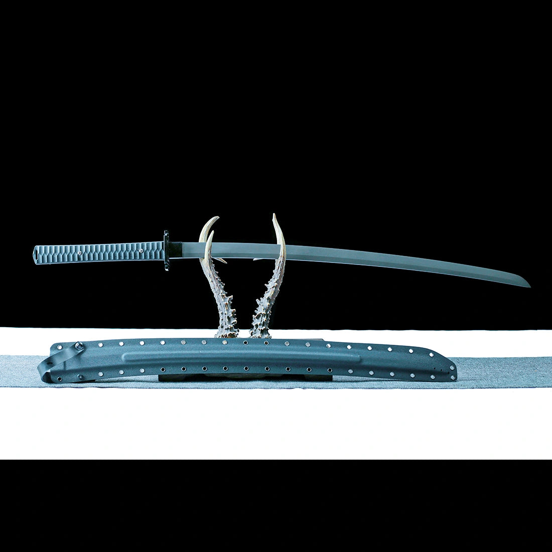 Unsheathed Pioneer Tactical Katana with gray titanium-coated blade